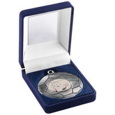 BLUE VELVET BOX AND 50mm FOOTBALL MEDAL TROPHY ANTIQUE SILVER (1in CEN) - 3.5in